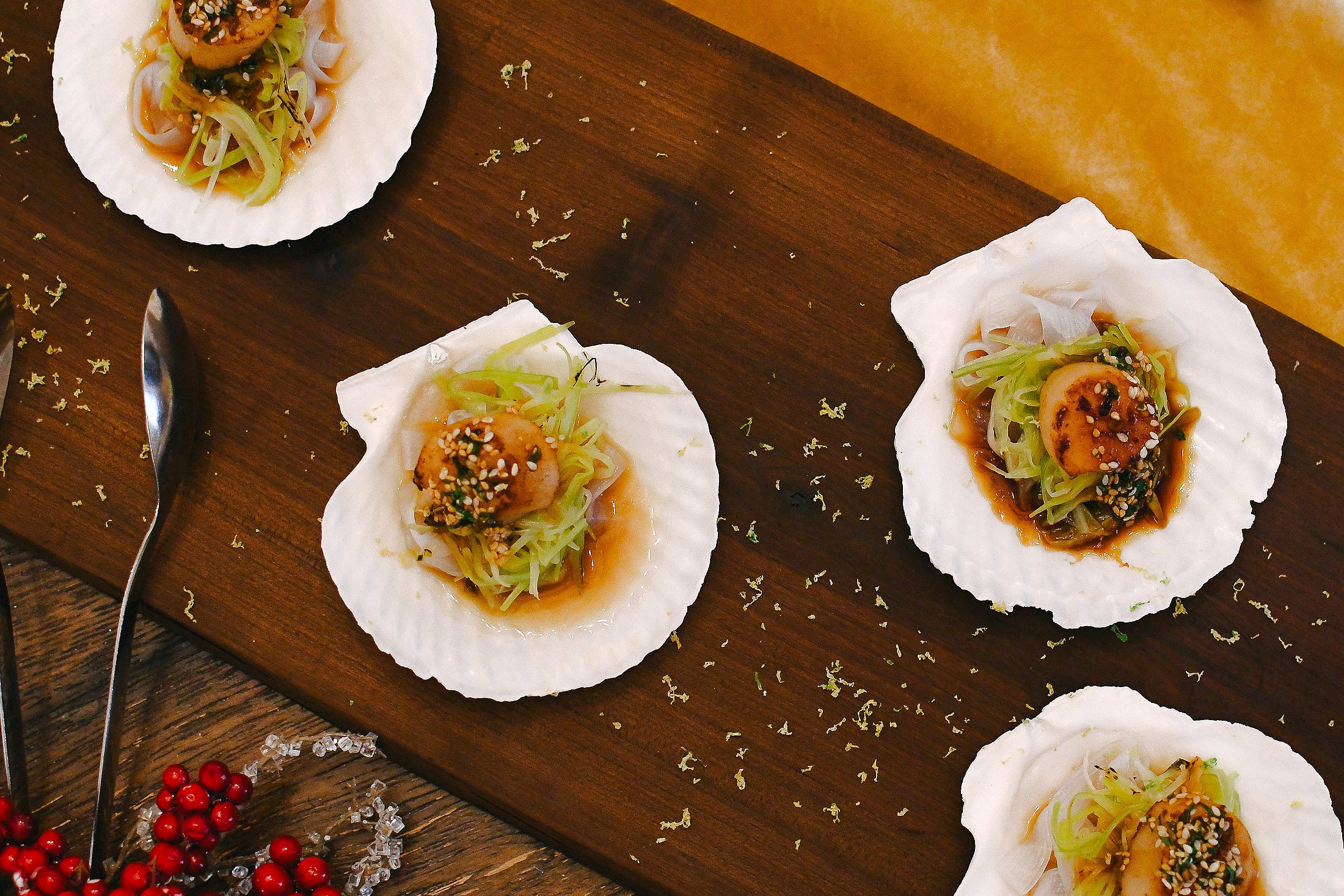Hokkaido Scallops with Noodles and Sesame Ginger Dressing