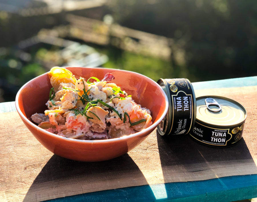 Decadent Potato Salad (made from Gratin Potatoes) with Canned Albacore Tuna and Lobster