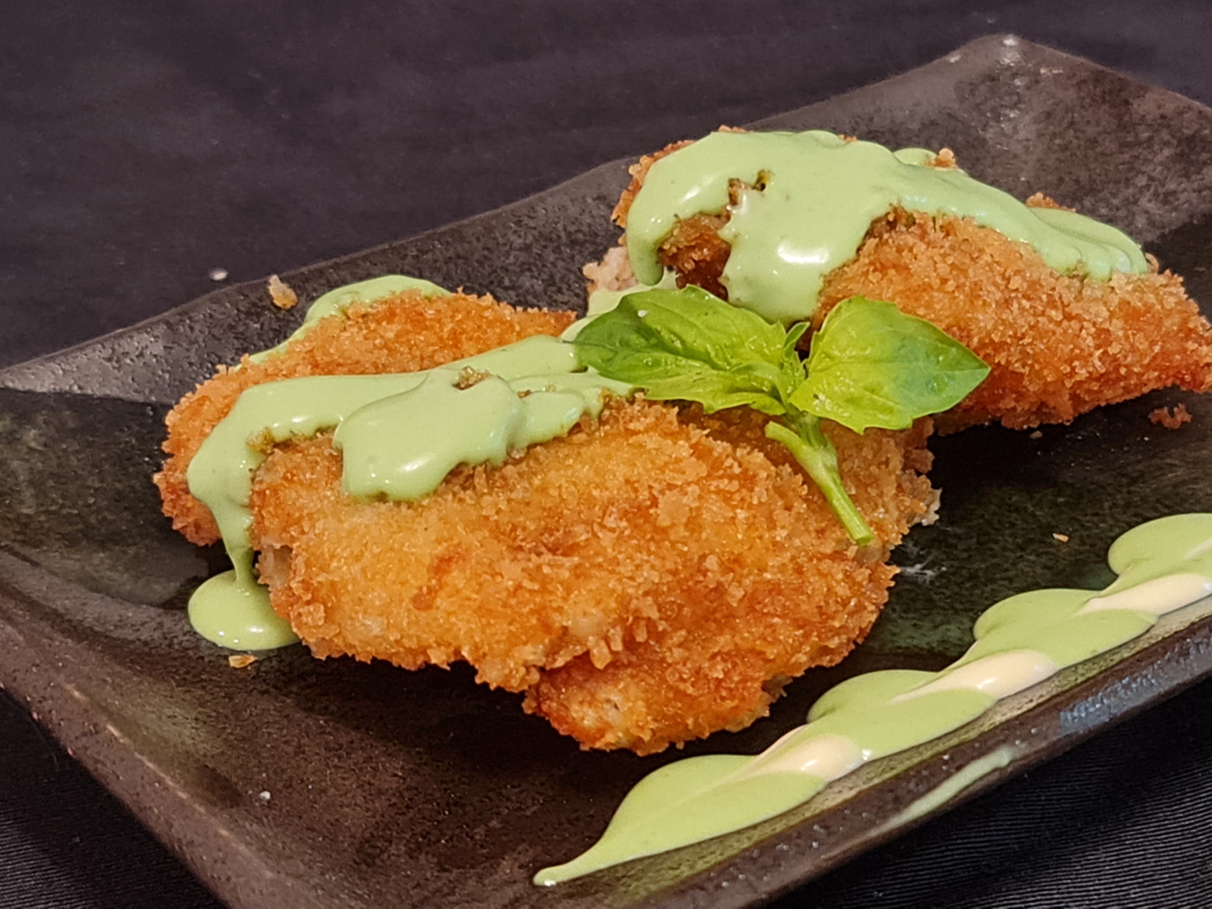 Panko Crusted Wild Pacific Halibut with Fresh Basil Sauce