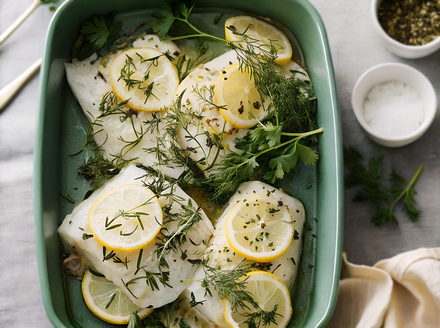 Baked Lingcod with Lemon, Herbs & Garlic