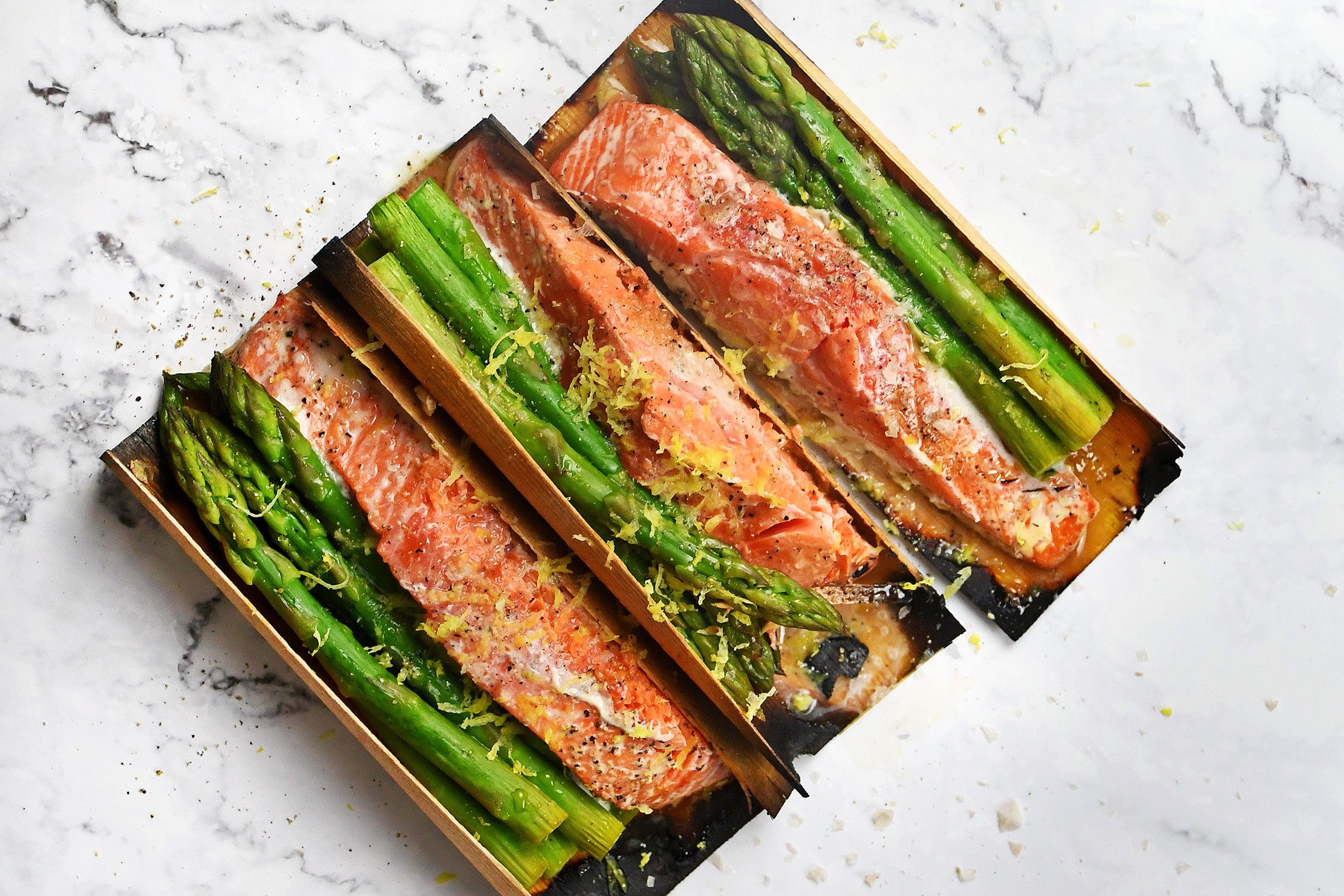 Sockeye Salmon Cedar Wraps with Salted Lemon and Nori Preserve