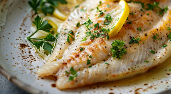 A cooked Petrale Sole fillet on a plate, garnished with lemon and herbs.