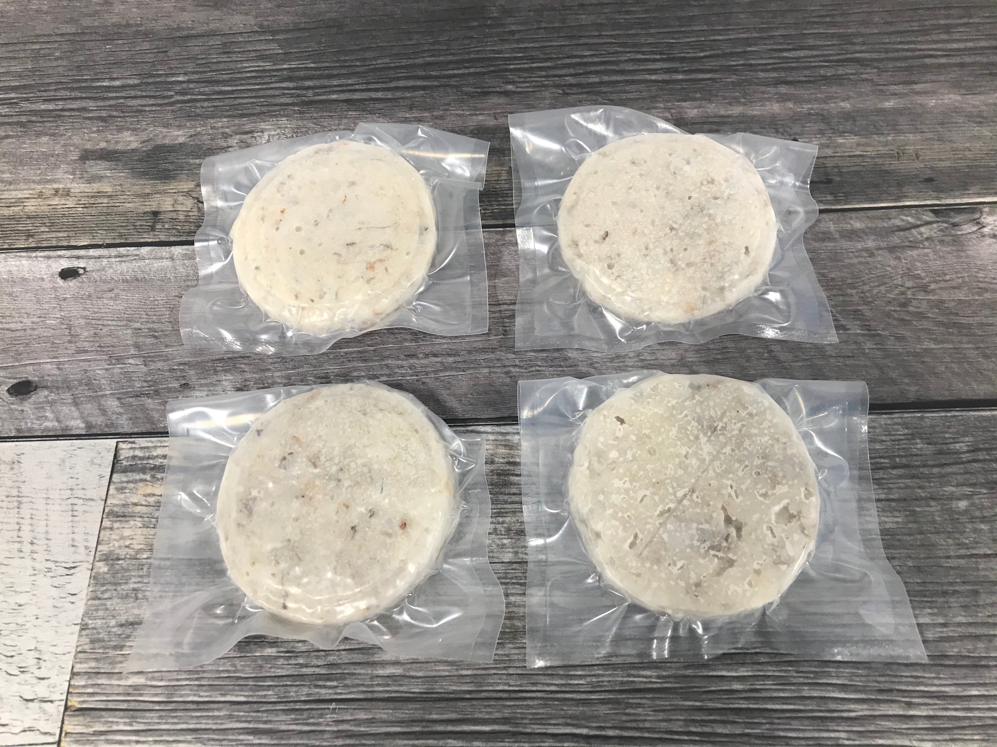 Organic Ocean shrimp burger patties, individual portions vacuum sealed and frozen